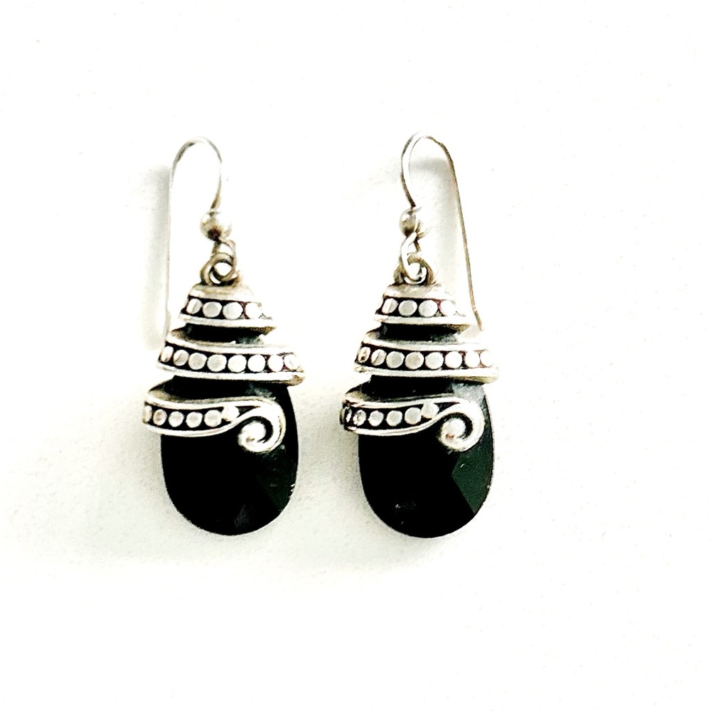 Dancing Swirls ~ Brighton Silver Wrap Faceted Onyx Earrings